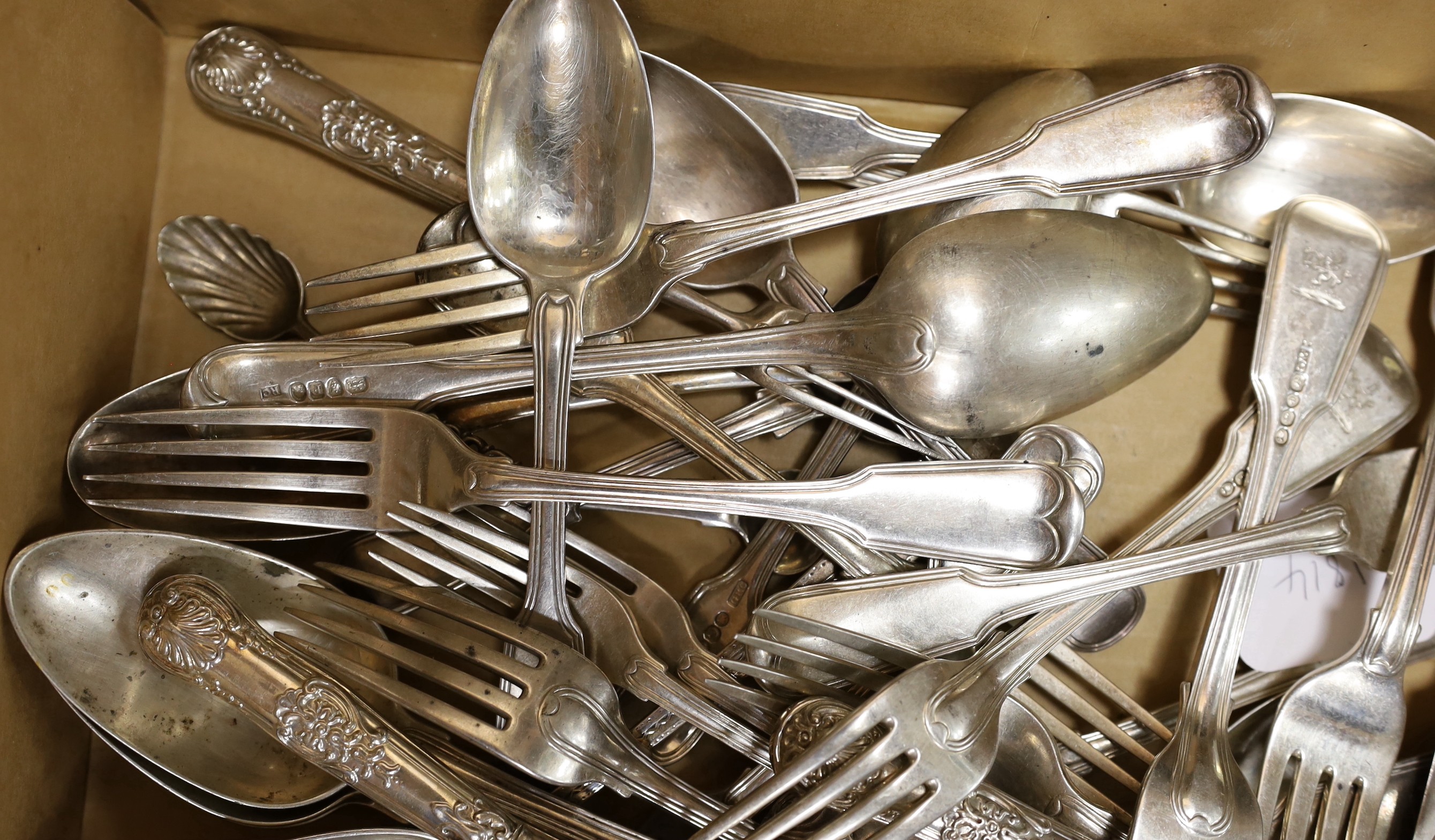 A quantity of assorted mainly 19th century and later silver flatware including ten items of fiddle and thread by Richard Crossley, London, 1801 and a plated teaspoon, weighable silver 72 oz.